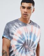 Asos Design Oversized Longline T-shirt With Roll Sleeve In Spiral Tie Dye - Multi