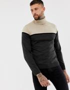 Boohooman Color Block Roll Neck Sweater In Taupe - Brown