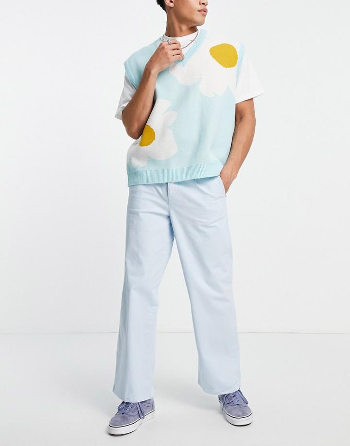 Asos Design Wide Leg Chinos With Pleats In Pastel Blue-blues
