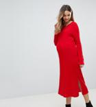 Asos Maternity Midi Dress In Pleated Wide Rib - Red