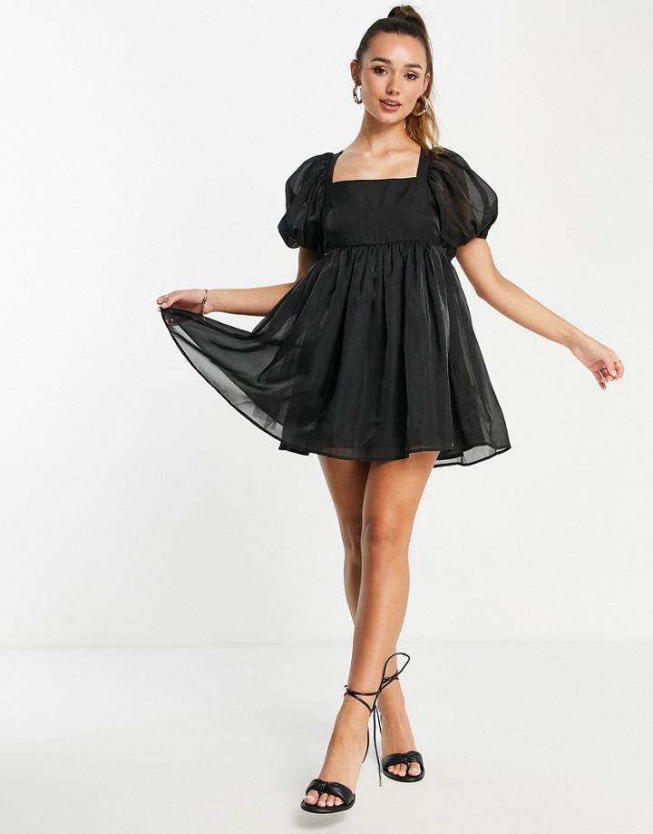 Amy Lynn Mini Smock Dress With Bow Back And Puff Sleeves In Black Organza