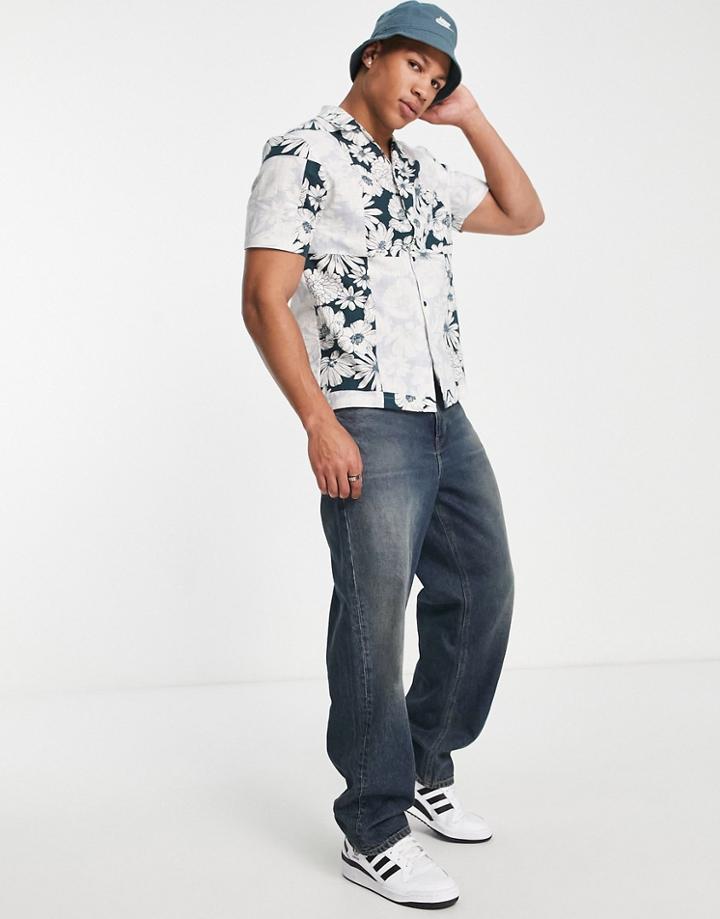 River Island Short Sleeve Floral Patchwork Shirt In Blue