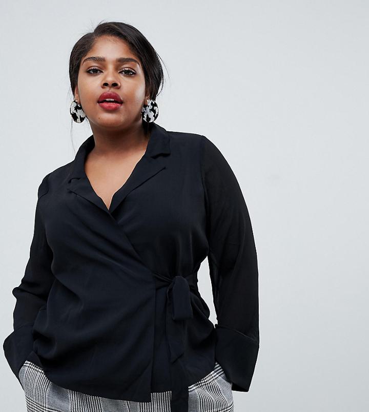 Lost Ink Plus Wrap Top With Tie Side Detail - Black