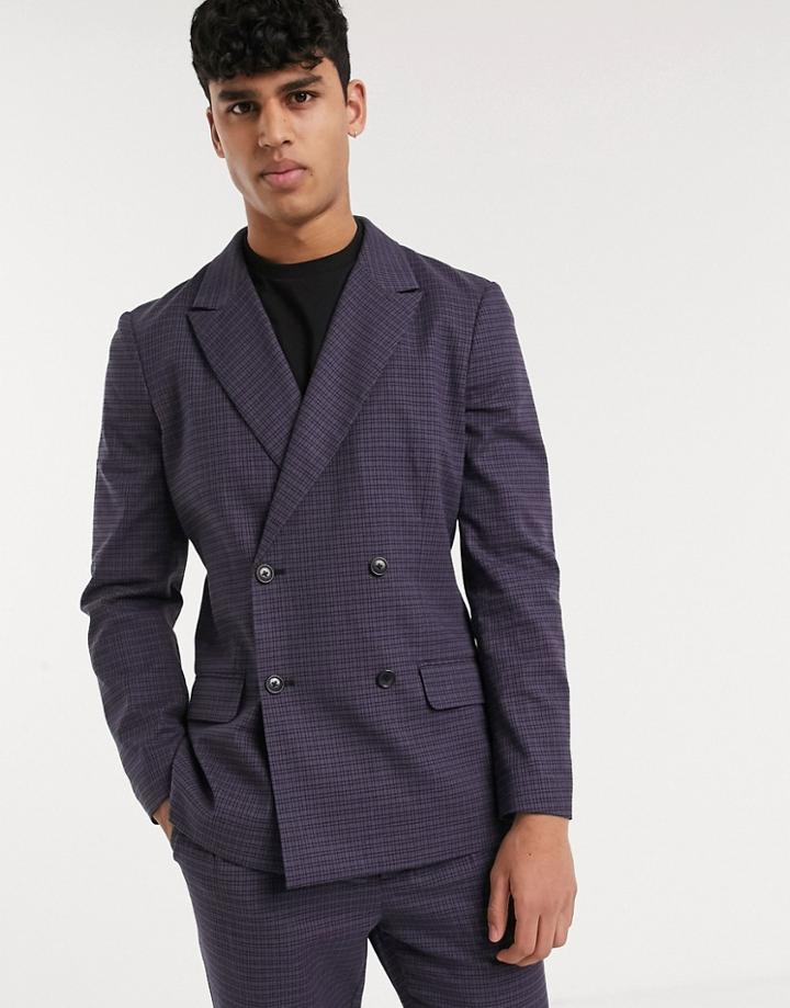 Asos Design Set Soft Tailored Slim Double Breasted Blazer In Navy Check-blue