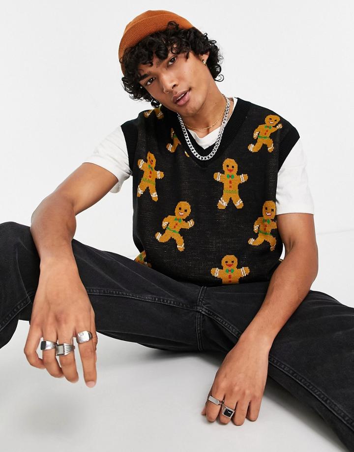 Asos Design Knitted Christmas Tank Top With Gingerbread Design-black