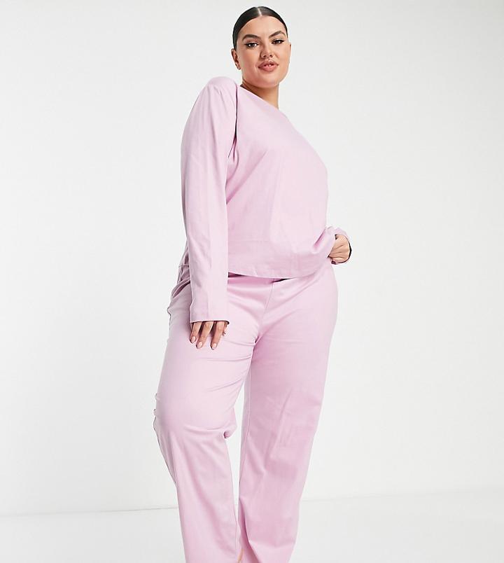 Asos Design Curve Mix & Match Cotton Jersey Pyjama Long Sleeve Tee In Pink - Pink
