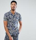 Bellfield Tall Short Sleeve Revere Collar Shirt With Wave Print - Navy