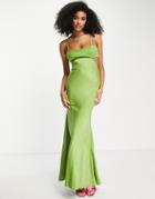 Asos Design Satin Maxi Dress With Cut Out And Tie Back Detail-green
