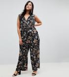 Yumi Plus Jumpsuit In Peacock Floral Print - Black