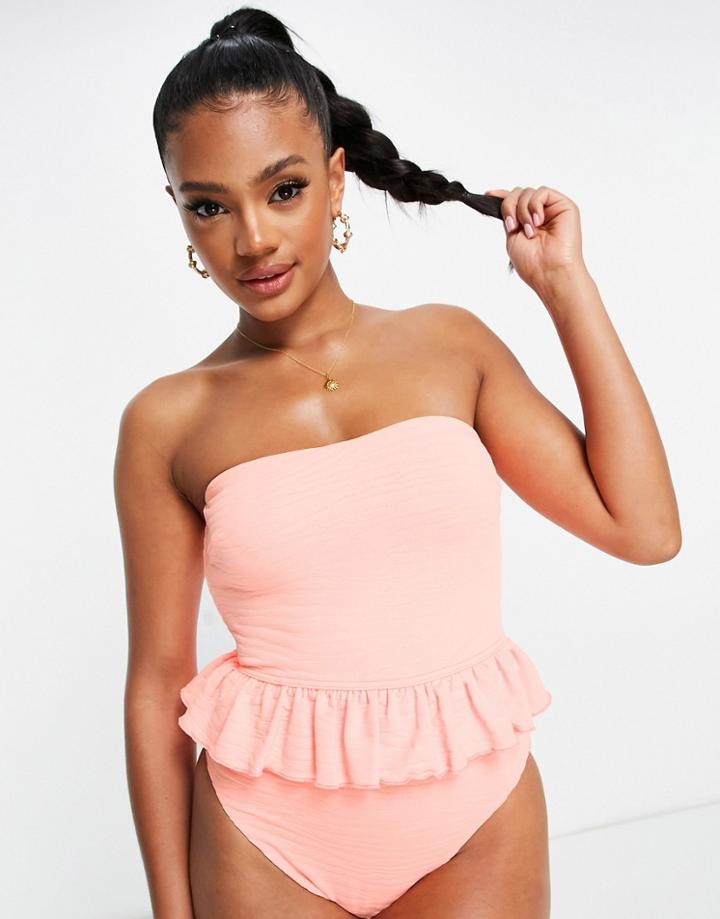 Asos Design Peplum Swimsuit In Peach Texture-pink