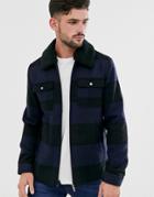 Only & Sons Brushed Check Wool Jacket With Removable Fleece Collar - Navy
