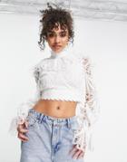 Asos Luxe Eyelet Ruffle Neck Top In White - Part Of A Set
