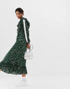 Ghospell Midi Smock Dress With Ruffle Hem In Ditsy Floral-green