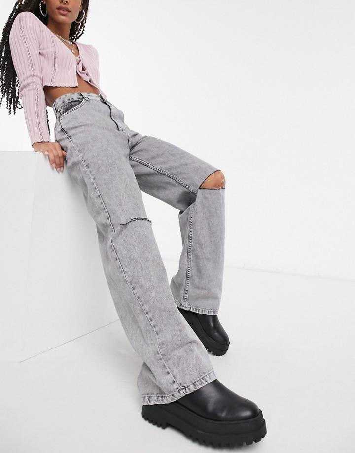 Bershka Wide Leg '90s Jean With Knee Rip In Gray-grey
