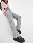 Bershka Wide Leg '90s Jean With Knee Rip In Gray-grey