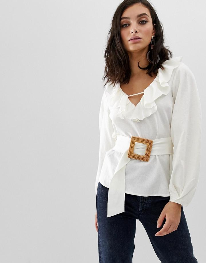 Asos Design Long Sleeve Ruffle V Neck Blouse With Wicker Buckle Belt Detail In Linen-white