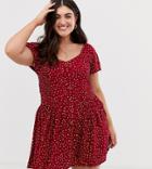 Brave Soul Plus Smock Dress With Mini Buttons In Dot Print - Red