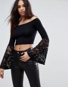 Missguided Lace Extreme Sleeve Bardot Crop Top - Black
