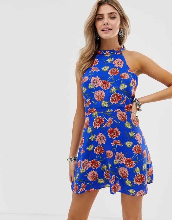 En Creme Halterneck Skater Dress In Bright Floral-multi