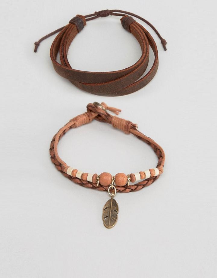 Asos Leather Bracelet Pack In Tan With Feather Charm - Tan