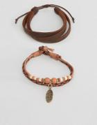 Asos Leather Bracelet Pack In Tan With Feather Charm - Tan