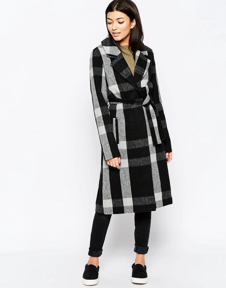 Ichi Belted Checked Coat - Black
