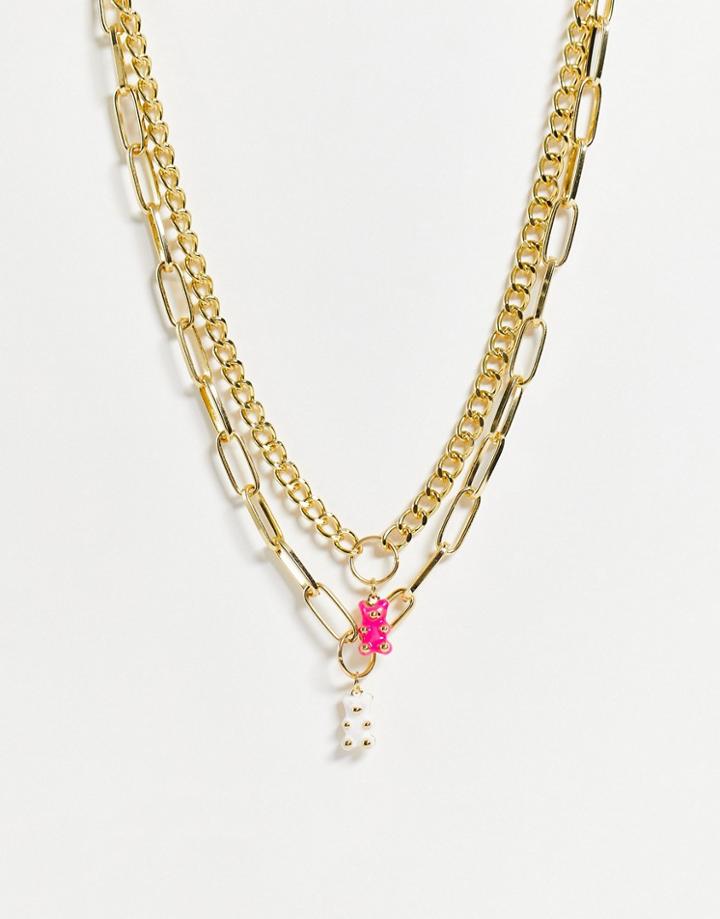Madein Chunky Chain Necklace In Gold With A Pink And White Gummy Bear Charm