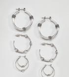 Asos Pack Of 3 Wrapped Rope And Ball Hoop Earrings - Silver
