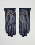 Barney's Originals Real Leather Gloves With Chain Detail - Navy