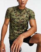 Adidas Training T-shirt With All Over Camo Print In Khaki-green