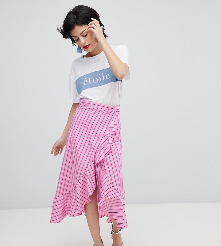River Island Stripe Ruffle Front Midi Skirt - Pink