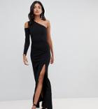 John Zack Tall One Shoulder Maxi Dress With Cutout Detail In Black - Black