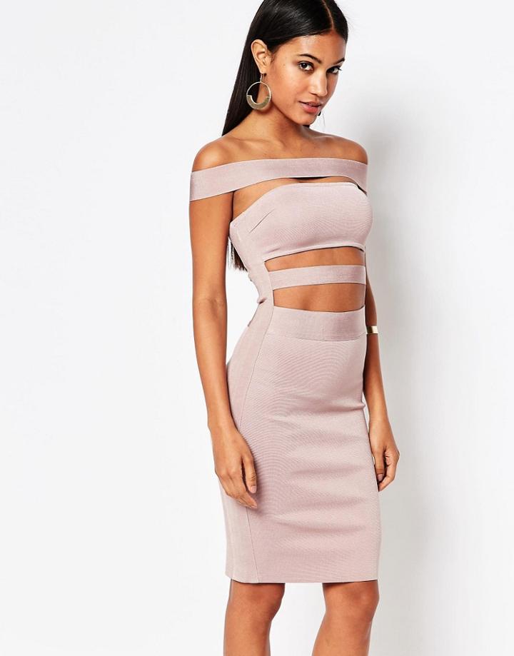 Wow Couture Off Shoulder Bandage Dress - Dusky Wineberry
