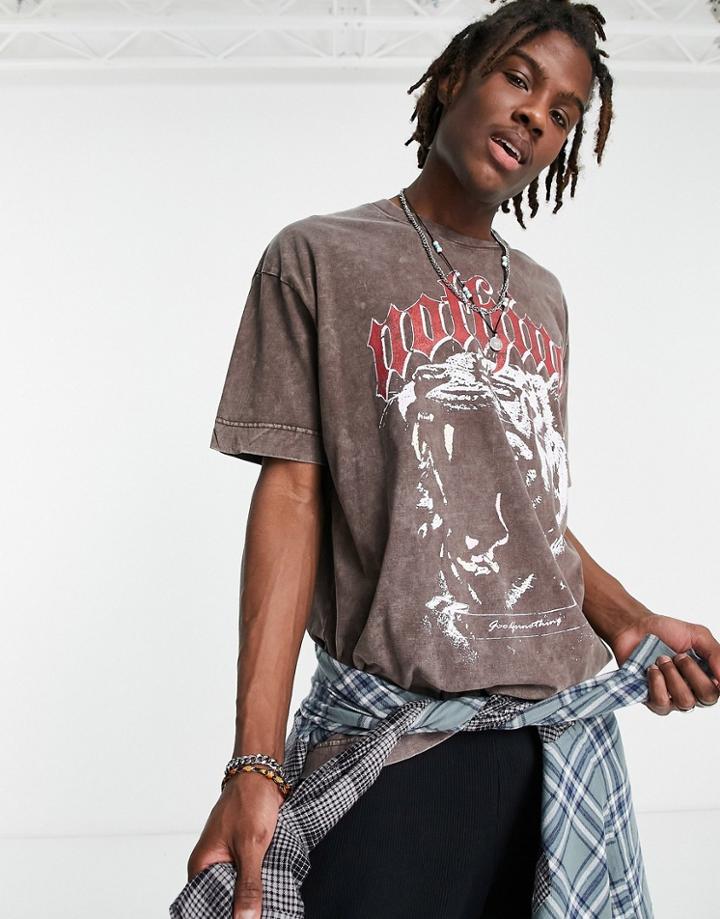 Good For Nothing Oversized T-shirt In Brown Acid Wash With Tiger Print