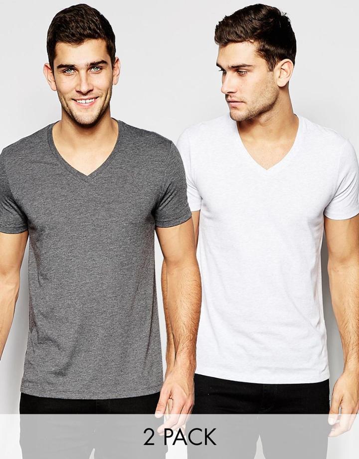 Asos T-shirt With V Neck In Light Gray Marl And Charcoal Marl Save 17%