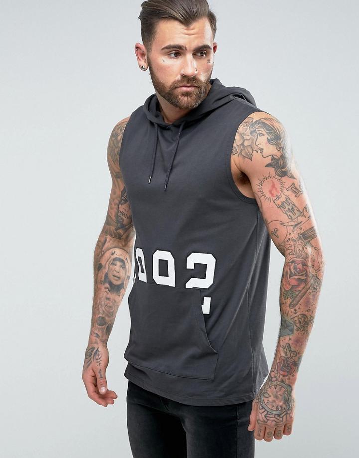 Asos Longline Sleeveless Hooded T-shirt With Number Print And Kangaroo Pocket - Black