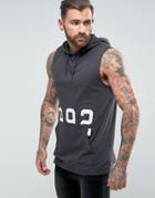Asos Longline Sleeveless Hooded T-shirt With Number Print And Kangaroo Pocket - Black