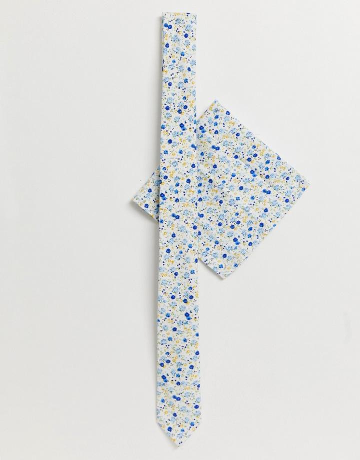 Asos Design Wedding Slim Tie And Pocket Square Pack In Ditsy Floral - Multi