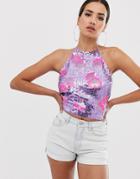 Asos Design Halter Cami With Flower Sequin - Multi