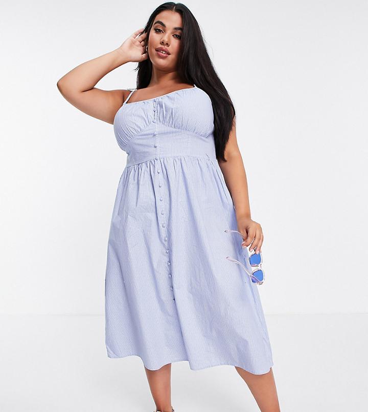 Influence Plus Cami Strap Button Front Midi Dress In Blue Stripe-white