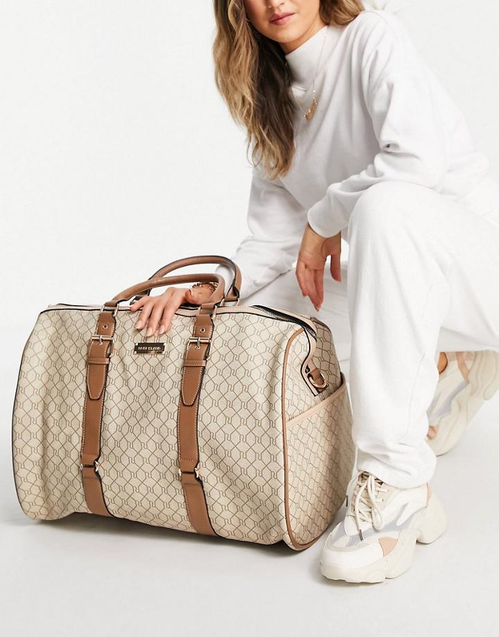 River Island Monogram Oversized Barrel Weekend Bag In Beige-neutral
