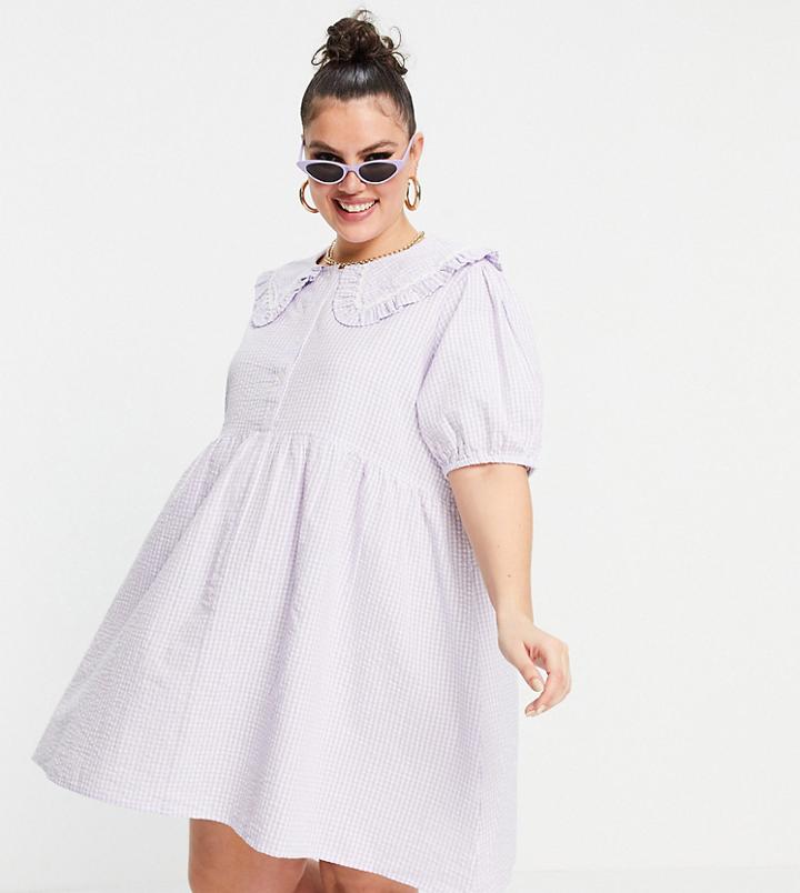 Neon Rose Plus Mini Smock Dress With Collar In Pastel Gingham-purple