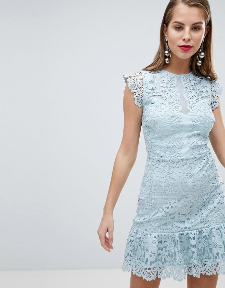 Lipsy Cap Sleeve Lace Skater Dress - Blue