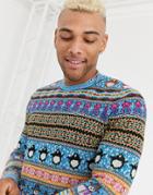 Asos Design Christmas Sweater With All Over Design In Blue