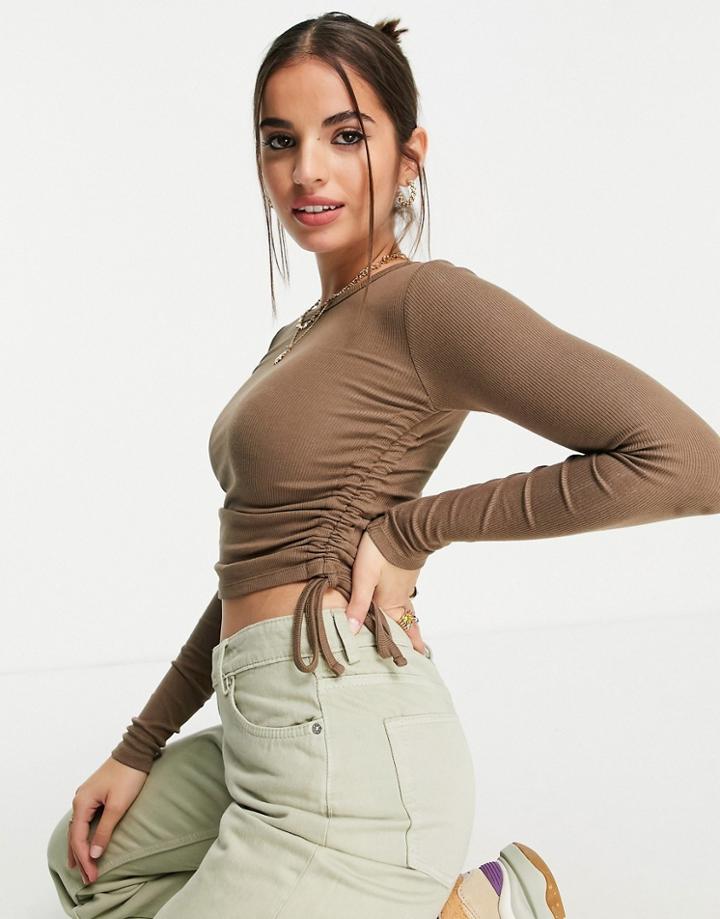 Pull & Bear Long Sleeve Top With Ruching In Brown-green