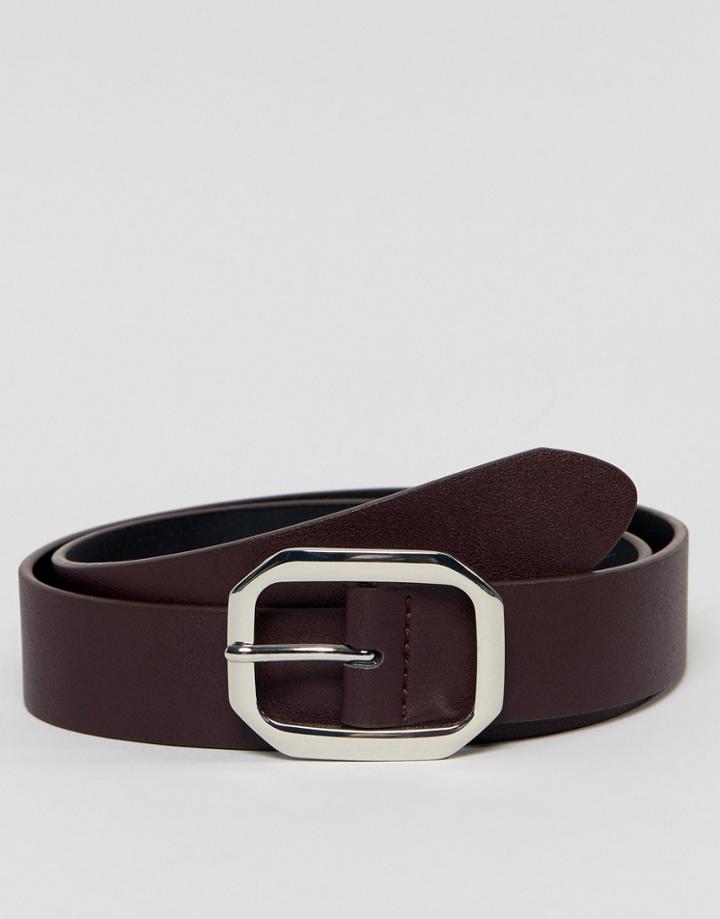 Asos Design Faux Leather Wide Belt In Burgundy With Silver Buckle-red
