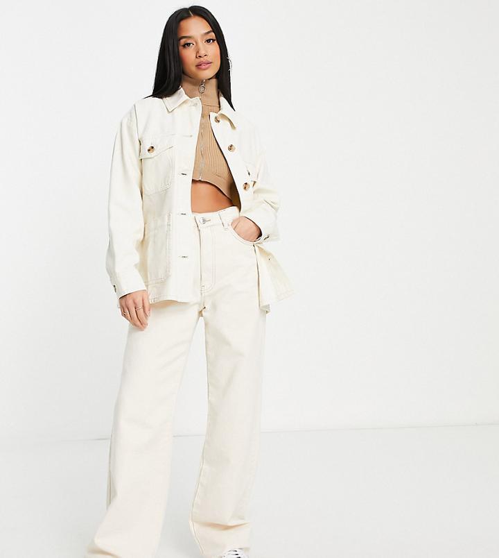 Topshop Petite Oversized Lightweight Shirt Jacket With Woven Label In Ecru-white