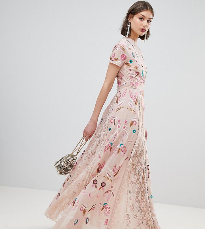 Frock And Frill Allover Embroidered Plunge Front Maxi Dress - Cream