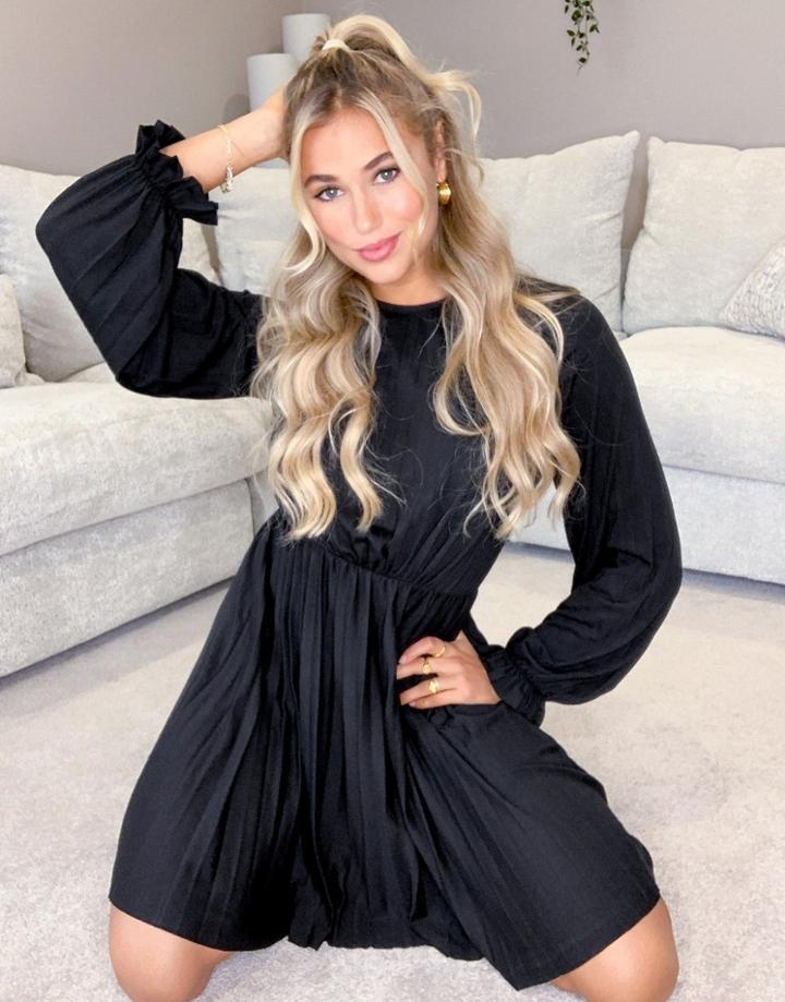 Asos Design Long Sleeve Pleated Mini Dress With Ruffle Cuff In Black