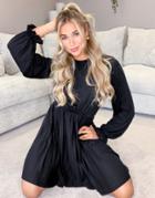 Asos Design Long Sleeve Pleated Mini Dress With Ruffle Cuff In Black